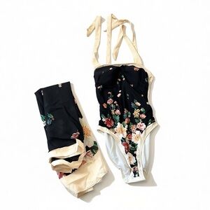 Floral Black and Cream One Piece Swimsuit Sarong S NWT